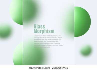 Website landing page template in glass morphism style. Horizontal presentation screen with the effect of a glass banner overlaying green spheres.