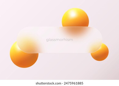 Website landing page template in glass morphism style. Horizontal presentation screen with the effect of glass overlay on orange spheres.