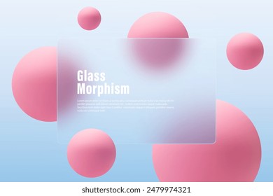 Website landing page template in glass morphism style. Horizontal presentation screen with the effect of glass overlay on spheres with a gradient.