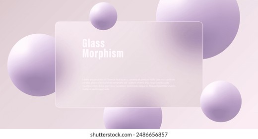 Website landing page template in glass morphism style. Frosted glass partition with floating spheres.