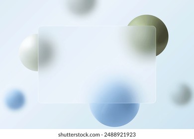 Website landing page template. Glass morphism style. Frosted glass partition with floating spheres in blue, gray and beige.