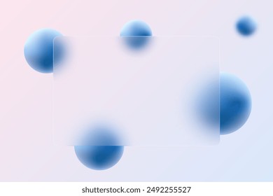 Website landing page template, glass morphism. Frosted glass partition with floating blue spheres.