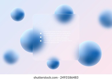 Website landing page template, glass morphism. Frosted glass partition with floating blue spheres.