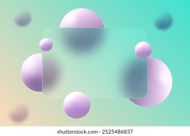 Website landing page template in glass morphism style. Frosted glass partition with floating spheres.