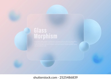 Website landing page template in glass morphism style. Frosted glass partition with floating spheres.
