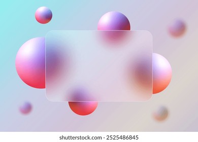 Website landing page template in glass morphism style. Frosted glass partition with floating spheres.