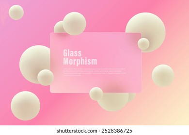 Website landing page template in glass morphism style. Frosted glass partition with floating spheres.