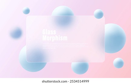 Website landing page template in glass morphism style. Frosted glass partition with floating spheres.