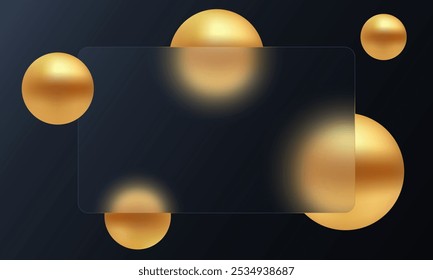 Website landing page template in glass morphism style. Frosted glass partition with floating golden spheres on dark background