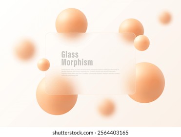 Website landing page template in glass morphism style, gradient light background with transparent rectangular partition and floating apricot colored spheres.