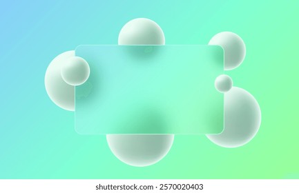 Website landing page template in glass morphism style. Frosted glass partition with floating spheres