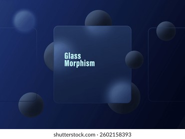 Website landing page template with glass morphism effect. Presentation carousel with glass overlay effect on floating gradient spheres. Frosted glass effect on dark background.