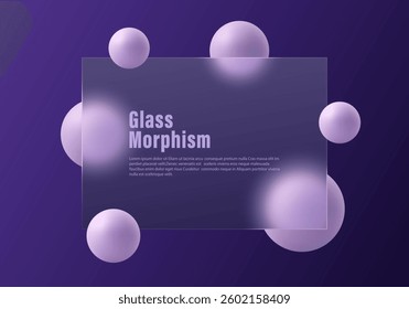 Website landing page template in glass morphism style. Presentation screen with glass overlay effect on floating gradient spheres. Frosted glass effect on dark background.
