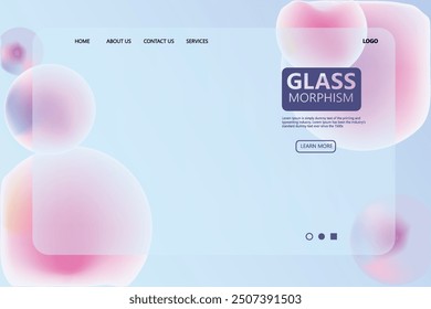 Website landing page template in glassmorphism style. Horizontal