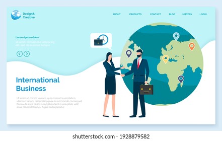 Website Landing Page Template. International Business Concept. Planet With Colorful Map Marks. Businesspeople On Meeting Communicate Together. Map Legend With Multicolored Symbols Vector Illustration