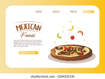 Website landing page template with mexican dish fajita on a wooden tray. Fast food restaurant and street food snacks, meat tortillas, takeaway food delivery