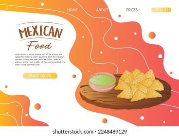 Website landing page template with mexican dish nachos with guacamole sauce on a wooden tray. Fast food restaurant and street food snacks, meat tortillas, takeaway food delivery