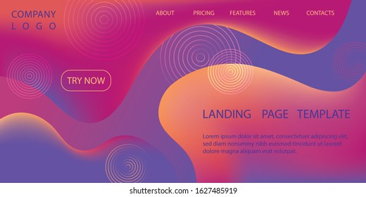 Website landing page template with purple orange abstract fluid gradient background. Try now about contacts news features pricing web buttons. Landing page web site layout template of fluid shapes.