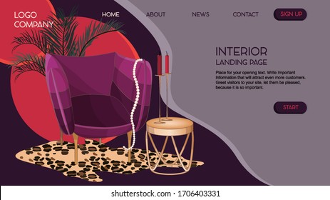 Website landing page template, retro style interior, flat design, dark purple background, pink armchair and palm leaves, golden table with candlesticks