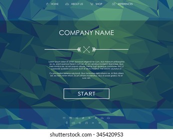 Website landing page template with set of line icons user interface and green low poly background. Eps10 vector illustration.