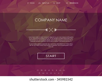 Website landing page template with set of line icons user interface and purple low poly background. Eps10 vector illustration.