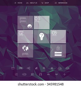 Website landing page template with set of line icons user interface and green low poly background. Eps10 vector illustration.