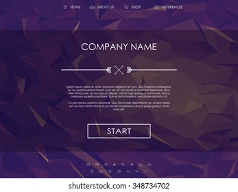 Website landing page template with set of line icons user interface and purple low poly background. Eps10 vector illustration.