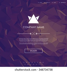 Website landing page template with set of line icons user interface and purple low poly background. Eps10 vector illustration.