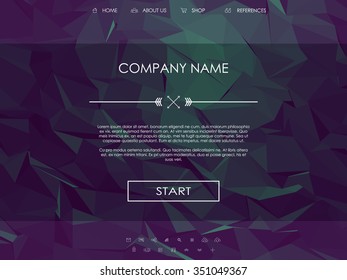 Website landing page template with set of line icons user interface and purple low poly background. Eps10 vector illustration.