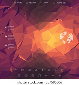 Website landing page template with set of line icons user interface and orange, pink, purple low poly background. Eps10 vector illustration.