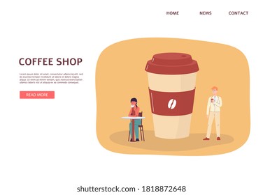 Plantilla de página web o de aterrizaje para cafetería o cafetería de comida para llevar con pequeños caracteres cerca de un vaso de papel, ilustración vectorial plana sobre fondo blanco.
