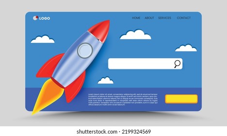 Website Landing Page UI Design With Spaceship Vector Illustration. Creative Concept Idea For Startup, Learning, And Education Topics. 