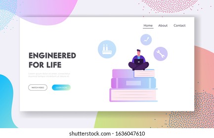 Website Landing Page. Users Manual Brochure, FAQ Concept. Man Sitting on Huge Pile of Books with Laptop Writing Manual Guidance Book. Clients Help Web Page Banner. Cartoon Flat Vector Illustration