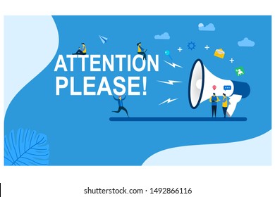 Website or landing page vector. Attention please with Tiny People Character Concept Vector Illustration, Suitable For web landing page,Wallpaper, Background, Card, banner,Book Illustration