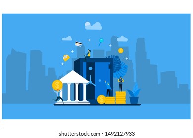 Website or landing page vector. Big bankers are involved in work, saving or raising money with Tiny People Character Concept Vector Illustration, Suitable For web landing page,Wallpaper, Background,