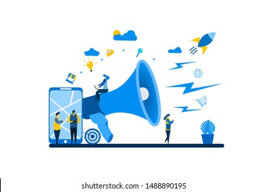 Website or landing page vector. Business promotion with Tiny People Character Concept Vector Illustration, Suitable For Wallpaper, Background, Card, banner,Book Illustration, Web Landing Page