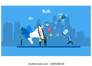 Website or landing page vector. Business promotion with Tiny People Character Concept Vector Illustration, Suitable For Wallpaper, Background, Card, banner,Book Illustration, Web Landing Page