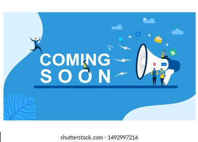 Website Or Landing Page Vector. Coming Soon With Tiny People Character Concept Vector Illustration, Suitable For Web Landing Page,Wallpaper, Background, Card, Banner,Book Illustration