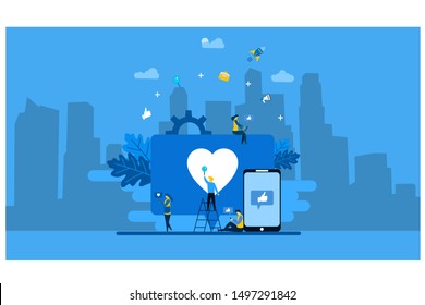 Website or landing page vector. communication via the Internet, social networking with Tiny People Character Concept Vector Illustration, Suitable For web landing page,Wallpaper, Background, Card, 