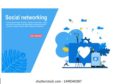 Website or landing page vector. communication via the Internet, social networking with Tiny People Character Concept Vector Illustration, Suitable For web landing page,Wallpaper, Background, Card, 