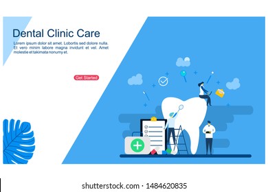 Website or landing page vector. Dental clinic care with Tiny People Character Concept Vector Illustration, Suitable For Wallpaper, Background, Card, banner,Book Illustration, Web Landing Page