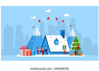 Website or landing page vector. Happy Christmas Moment with Tiny People Character Concept Vector Illustration, Suitable For web landing page,Wallpaper, Background, Card, banner,Book Illustration
