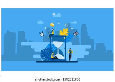 Website or landing page vector illustration of Hourglass.time management concept with Tiny People Character Concept Vector Illustration, Suitable For web landing page,Wallpaper, Background, Card,