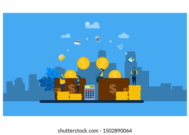 Website or landing page vector illustration of financial transactions, money transfer, banking Tiny People Character Concept Vector Illustration, Suitable For web landing page,Wallpaper, Background, 
