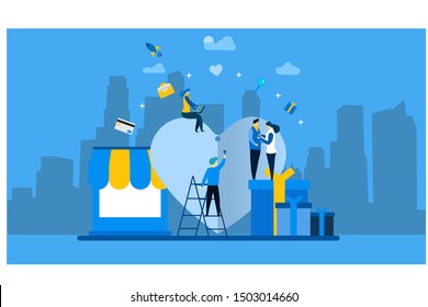 Website or landing page vector illustration of preparation for Valentine's Day,big heart, love holiday symbol with Tiny People Character Concept Vector Illustration, Suitable For web landing page