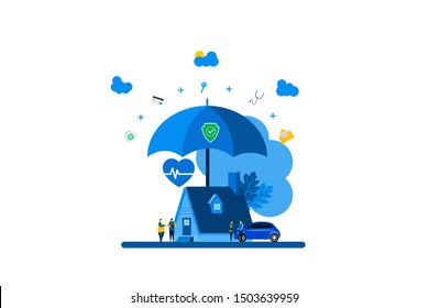 Website or landing page vector illustration of Property and health insurance with Tiny People Character Concept Vector Illustration, Suitable For web landing page, Wallpaper, Background, Card, banner