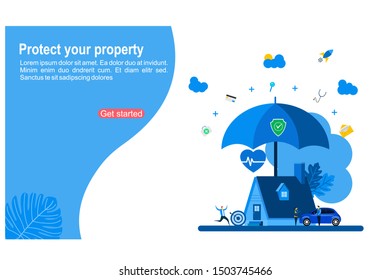 Website or landing page vector illustration of Property and health insurance with Tiny People Character Concept Vector Illustration, Suitable For web landing page, Wallpaper, Background, Card, banner.