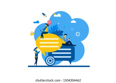 Website or landing page vector illustration of communicates through the Internet social networks with Tiny People Character Concept Vector Illustration, Suitable For web landing page,Wallpaper,