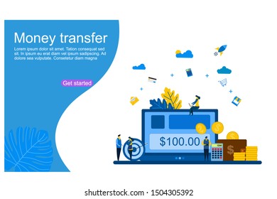 Website or landing page vector illustration of financial transactions, money transfer, banking Tiny People Character Concept Vector Illustration, Suitable For web landing page,Wallpaper, Background, 