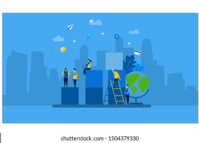 Website or landing page vector illustration of people connecting the elements of the columns.Tiny People Character Concept Vector Illustration, Suitable For web landing page,Wallpaper, Background,
